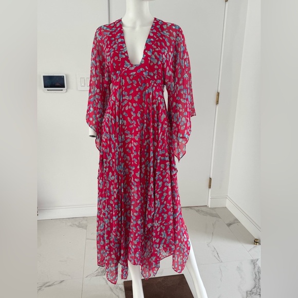 BCBGMaxAzria  Eve Dress 100% Silk  Pink/White Asymmetrical Bishop Sleeves XXS - Picture 4 of 12